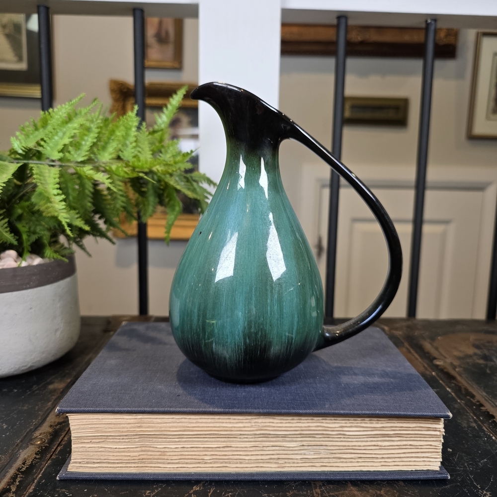 MCM Boomerang Handle Pitcher Teal Black Drip Glaze Ceramic Ewer Vase 9" Vtg